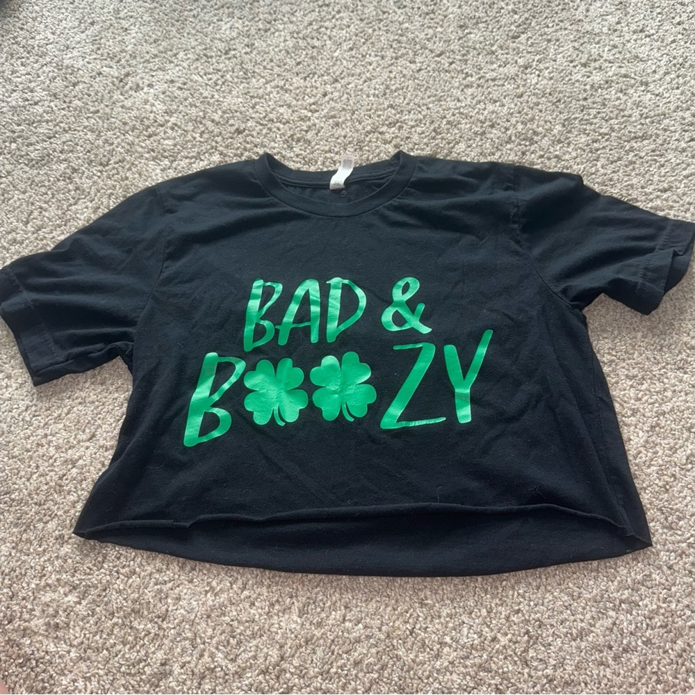 St. Patrick's Day "Bad and Boozy" Cropped Tee - Black, Medium
